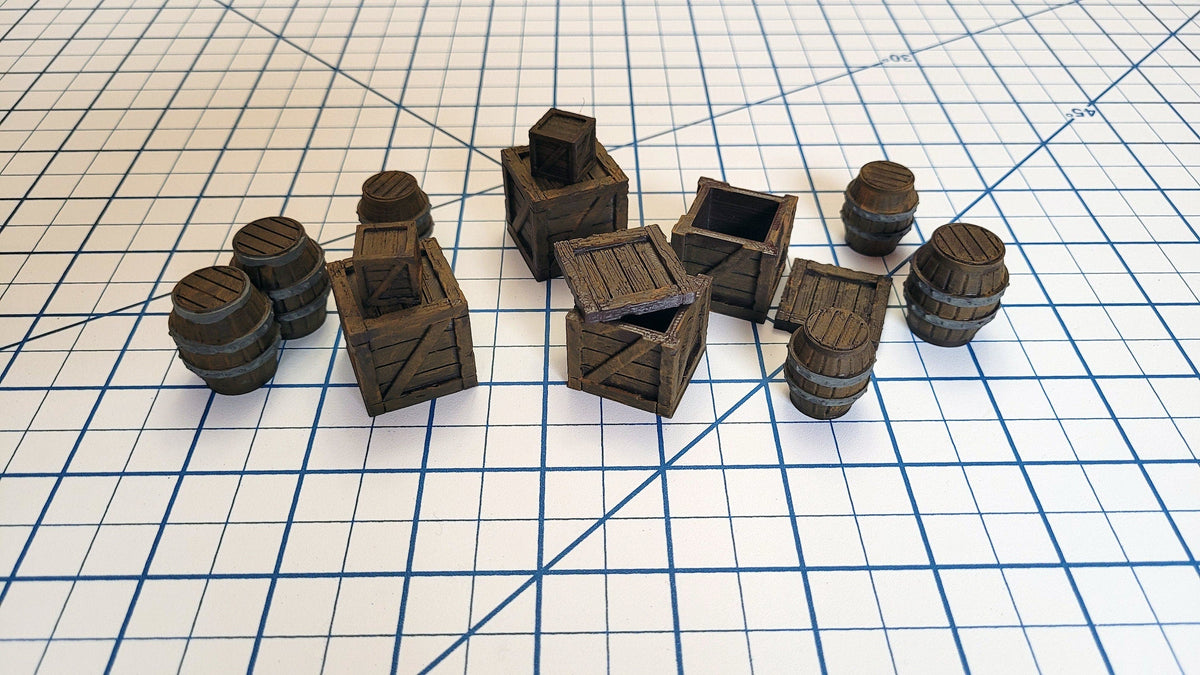 Crates and Barrel Scatter Terrain | D&D Scenery | Tabletop Terrain | Small Crates | Small Barrels | Miniatures | Dungeons and Dragons-1