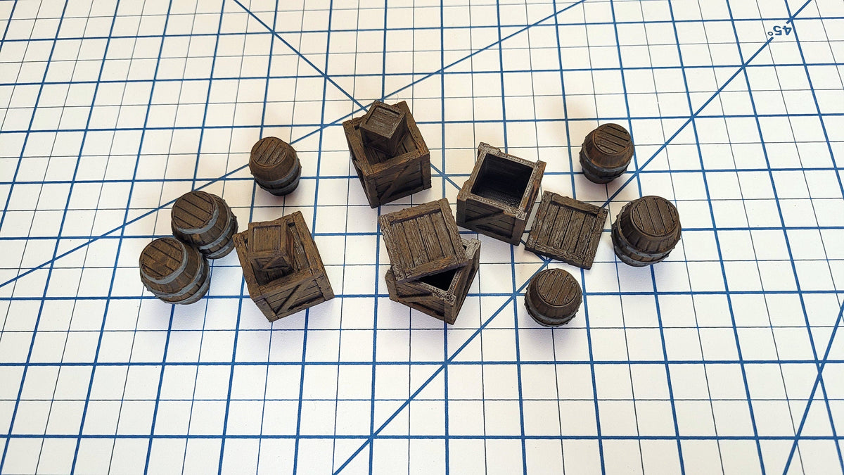 Crates and Barrel Scatter Terrain | D&D Scenery | Tabletop Terrain | Small Crates | Small Barrels | Miniatures | Dungeons and Dragons-2