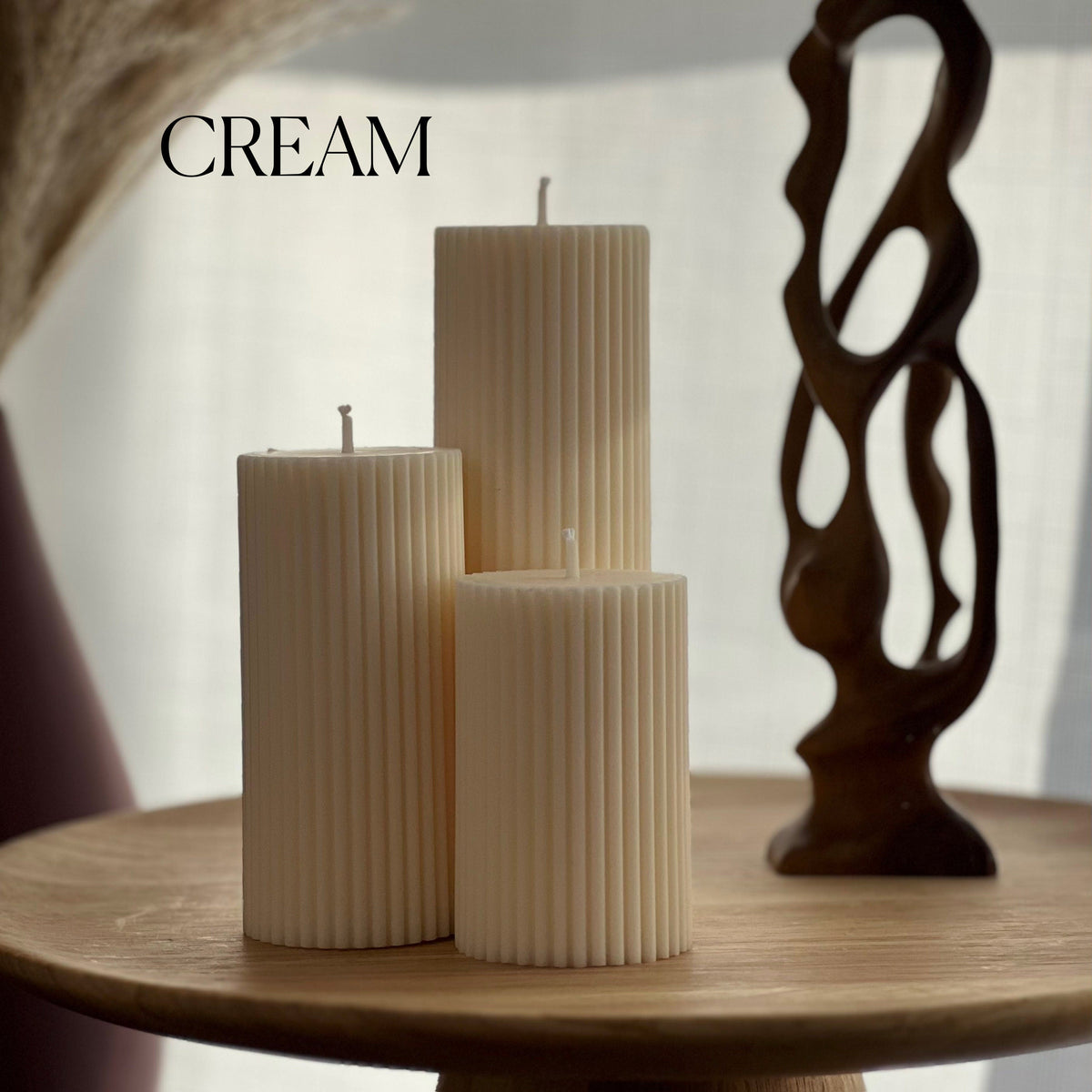Soy Wax Ribbed Pillar Candle Set | Unscented Decorative Candles-5