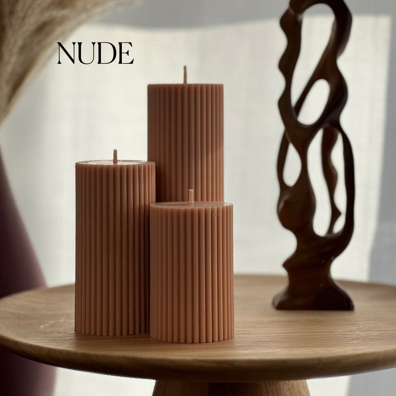 Soy Wax Ribbed Pillar Candle Set | Unscented Decorative Candles-4