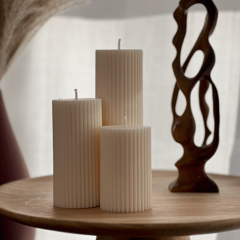 Soy Wax Ribbed Pillar Candle Set | Unscented Decorative Candles-1