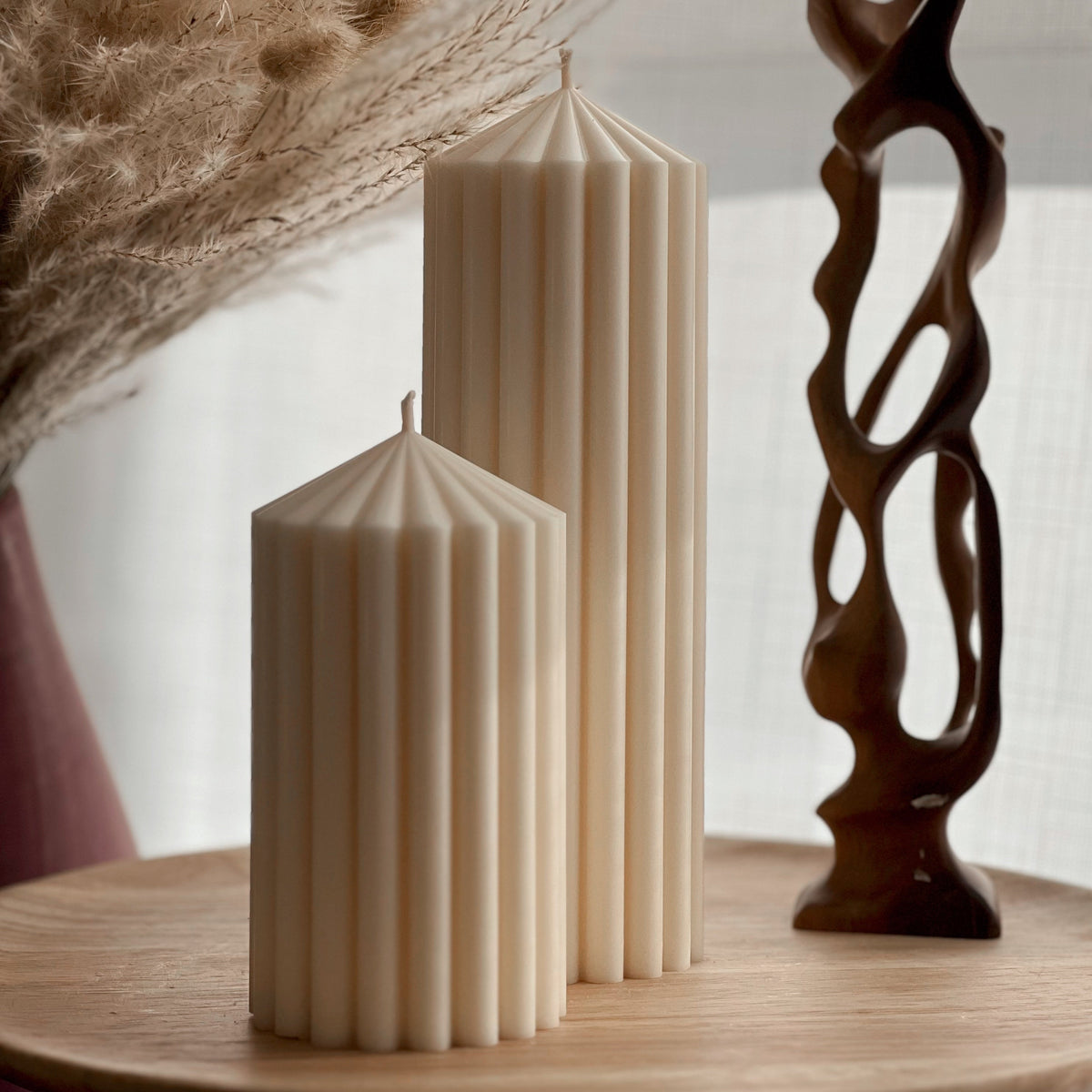 Ribbed Soy Wax Pillar Candle | Handmade Vegan Decor-1