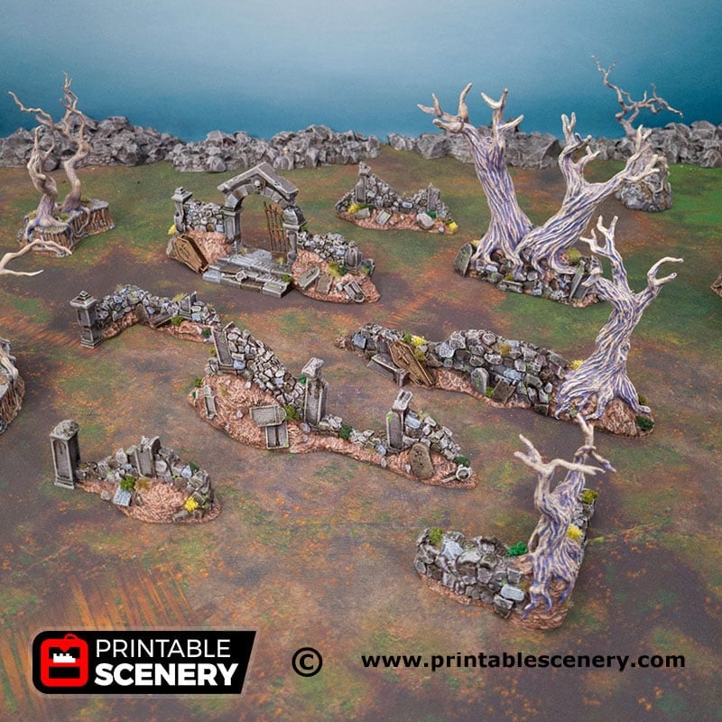 Hallowed Graveyard Walls - Shadowfey Ruins, DnD, Pathfinder 15mm, 28mm, 32mm, wargaming scenery, tabletop terrain, building-1
