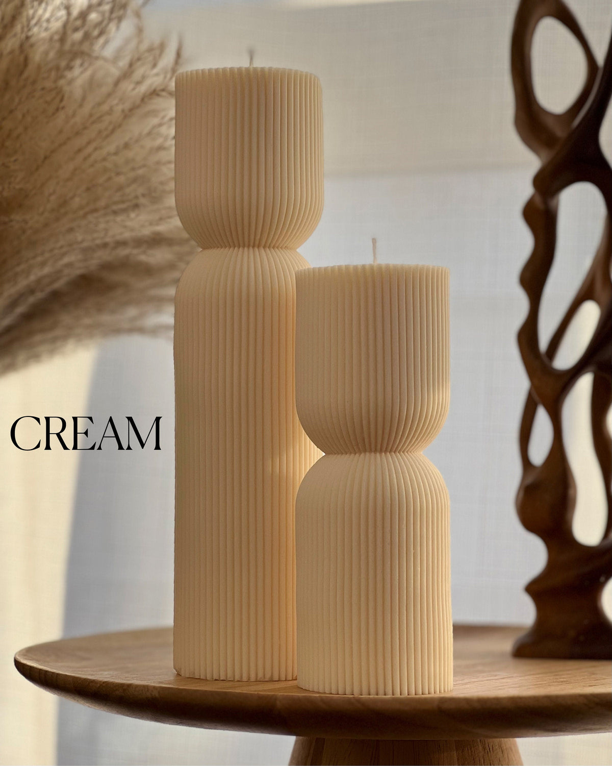 Ribbed Hourglass Soy Candle: Sculptural Striped Pillar, Minimalist Decor-3