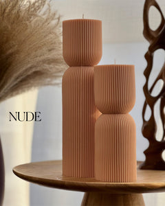 Ribbed Hourglass Soy Candle: Sculptural Striped Pillar, Minimalist Decor-2