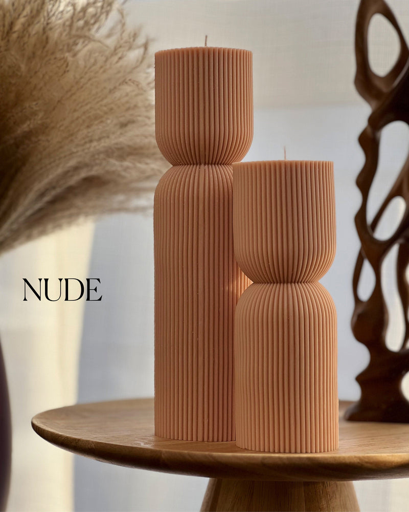 Ribbed Hourglass Soy Candle: Sculptural Striped Pillar, Minimalist Decor-2