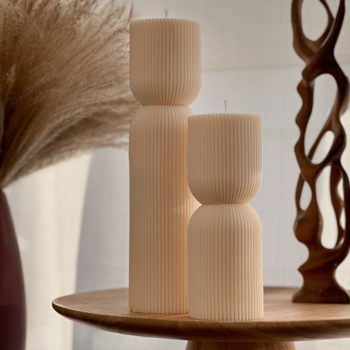 Ribbed Hourglass Soy Candle: Sculptural Striped Pillar, Minimalist Decor-1