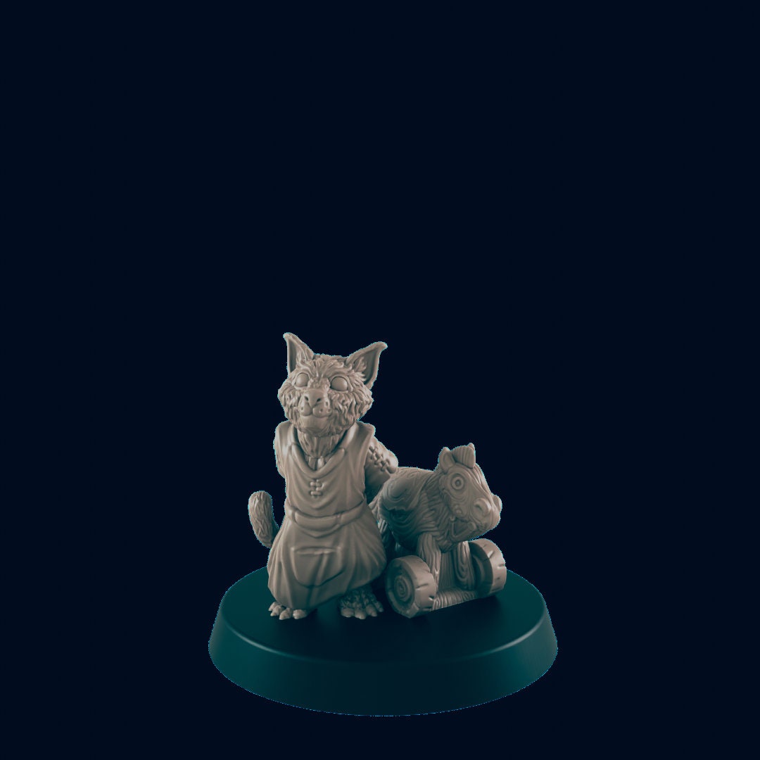 Catfolk Child with Toy - EC3D | DnD | Tabaxi | Child | Villager | Female | Male | 32mm | Pathfinder | commoner | TTRPG | Wargaming-1