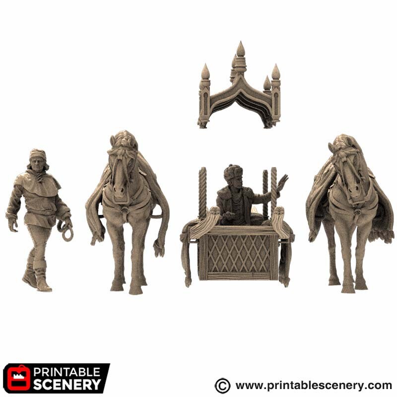 Two Horse Litter - King and Country, DnD 5E, Pathfinder 2E 15mm, 28mm, 32mm, wargaming terrain, scatter scenery, D&D village town-7
