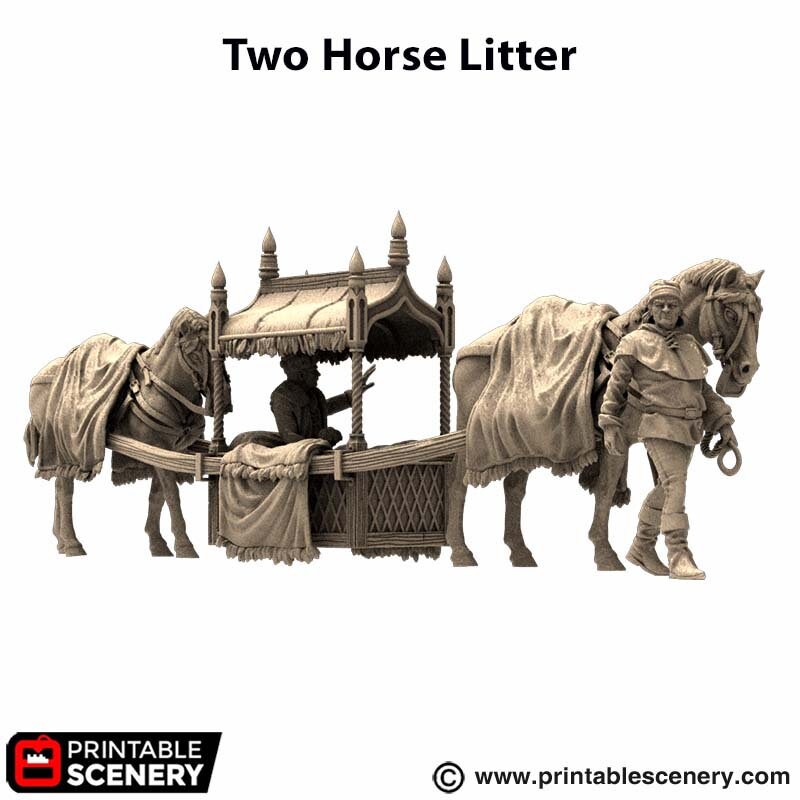 Two Horse Litter - King and Country, DnD 5E, Pathfinder 2E 15mm, 28mm, 32mm, wargaming terrain, scatter scenery, D&D village town-6