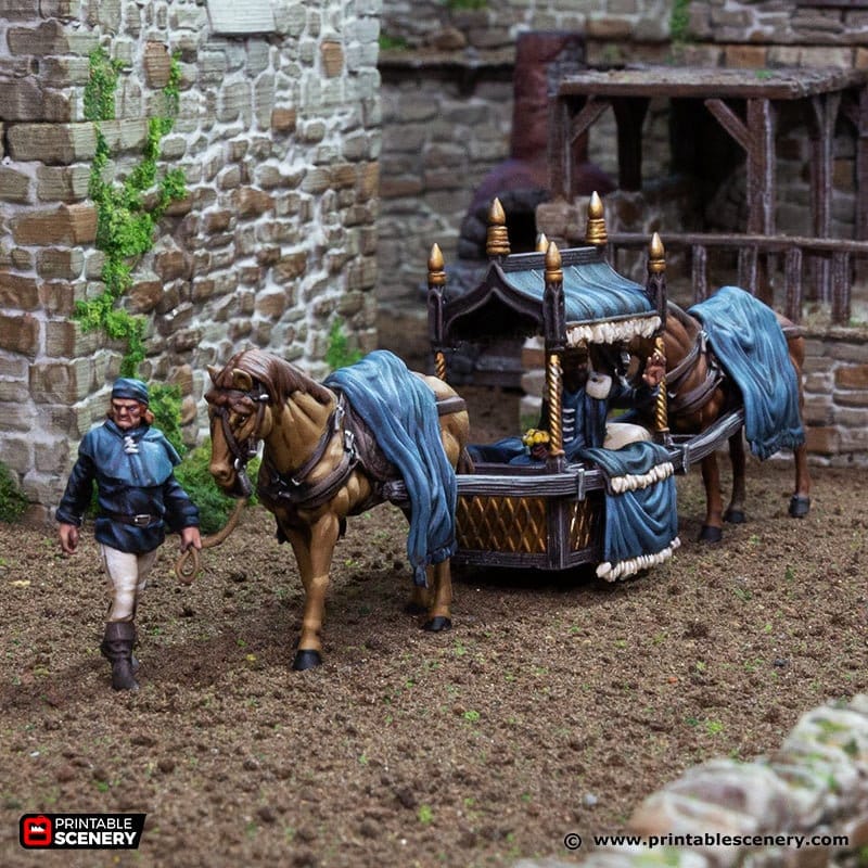 Two Horse Litter - King and Country, DnD 5E, Pathfinder 2E 15mm, 28mm, 32mm, wargaming terrain, scatter scenery, D&D village town-1
