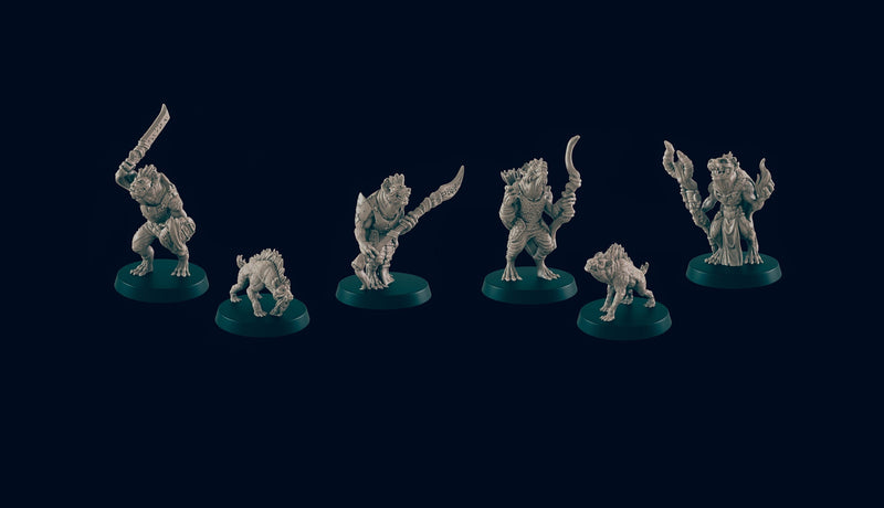 Gnoll Hunting Pack Mini Set - EC3D, DnD Monster | Archer, Melee 32mm | Pathfinder | Fantasy | Shaman | Wargaming | Frostgrave | Hyena | Set-1