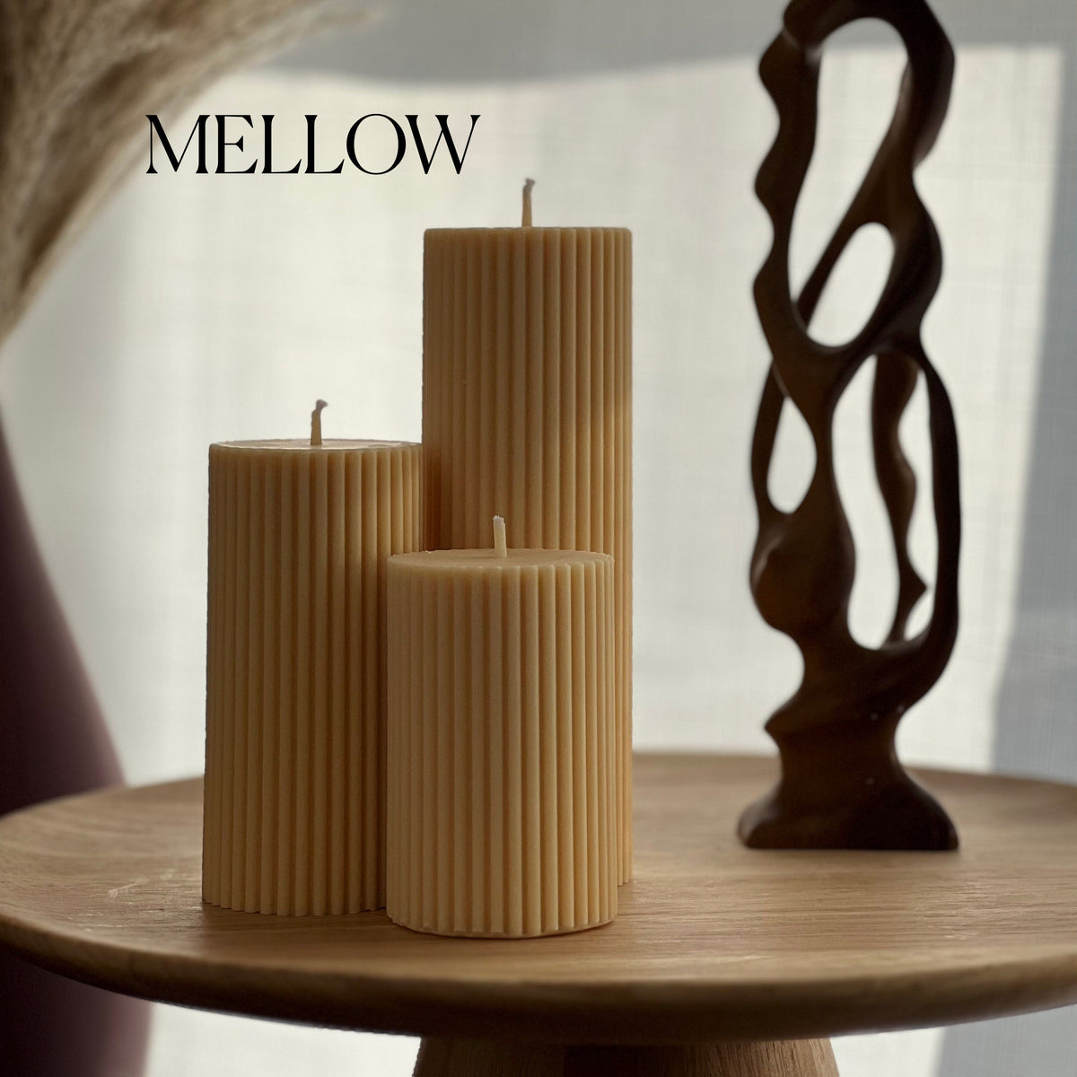 Soy Wax Ribbed Pillar Candle Set | Unscented Decorative Candles-6