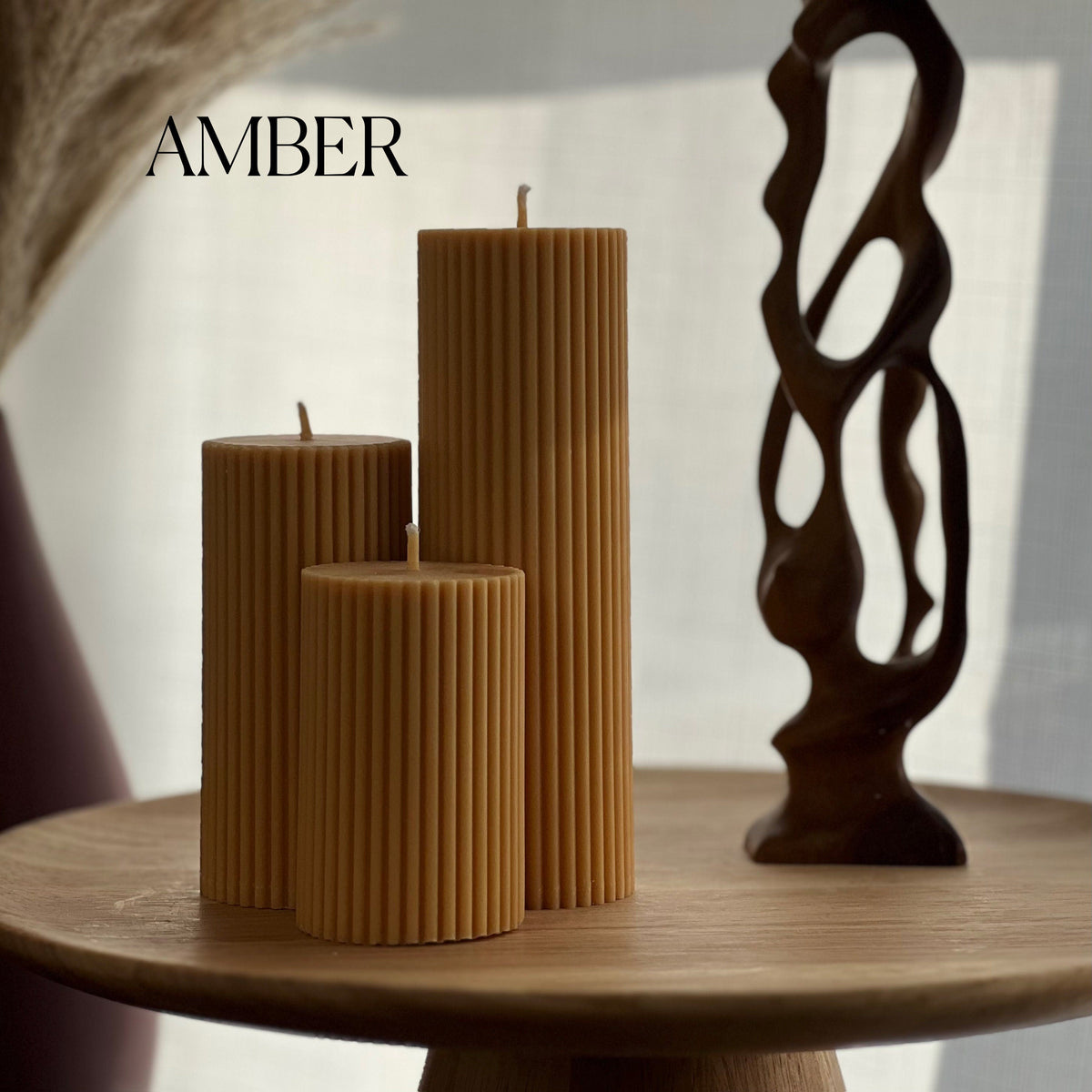 Soy Wax Ribbed Pillar Candle Set | Unscented Decorative Candles-7