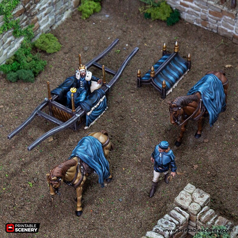 Two Horse Litter - King and Country, DnD 5E, Pathfinder 2E 15mm, 28mm, 32mm, wargaming terrain, scatter scenery, D&D village town-2