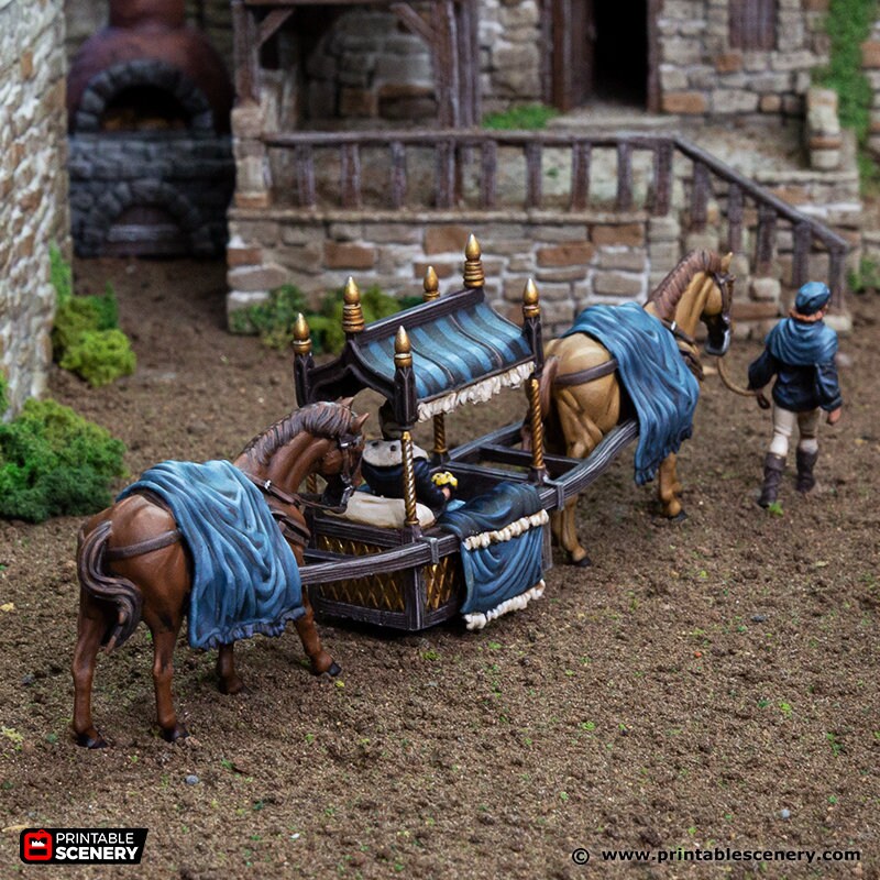 Two Horse Litter - King and Country, DnD 5E, Pathfinder 2E 15mm, 28mm, 32mm, wargaming terrain, scatter scenery, D&D village town-3