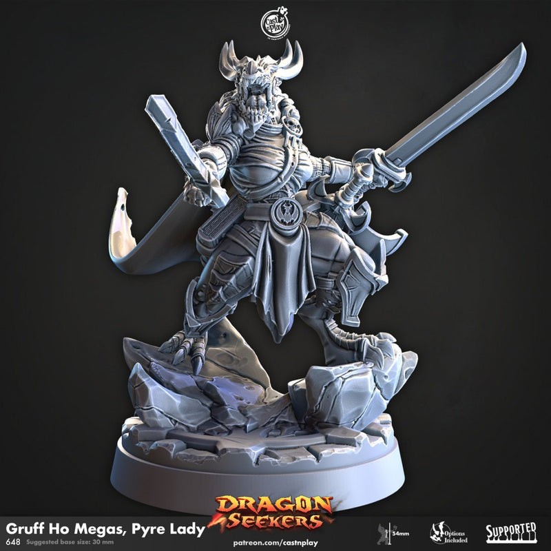 Gruff Ho Megas, Pyre Lady - CnP Dragon Seekers | DnD Miniature | Dragonborn | Fighter | Rogue | Warlock | Female | Magic | Alchemist | Melee-1