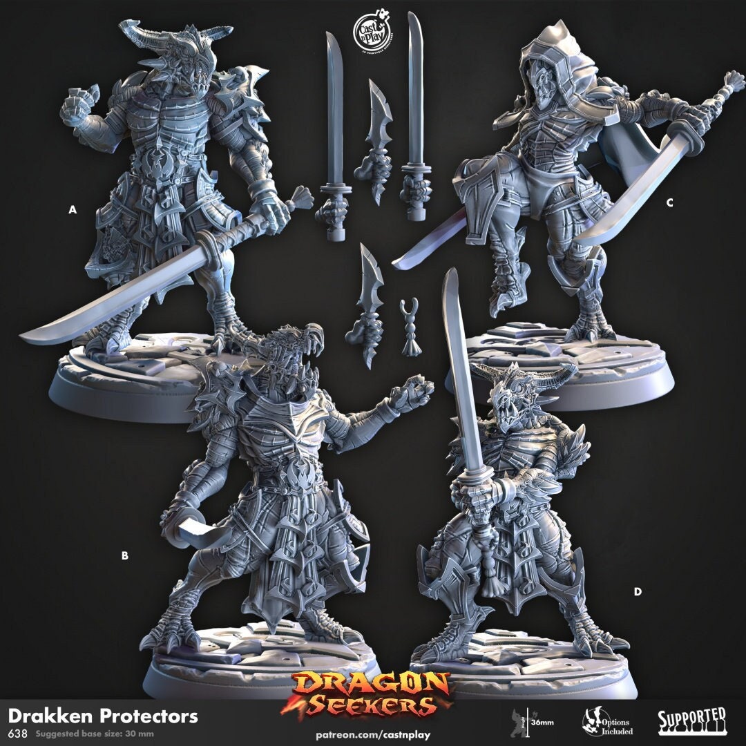 Drakken Protectors - Cast n Play Dragon Seekers | DnD Miniature | Dragonborn | Fighter | Paladin | Samurai | Male | Melee | Assassin | Rogue-1