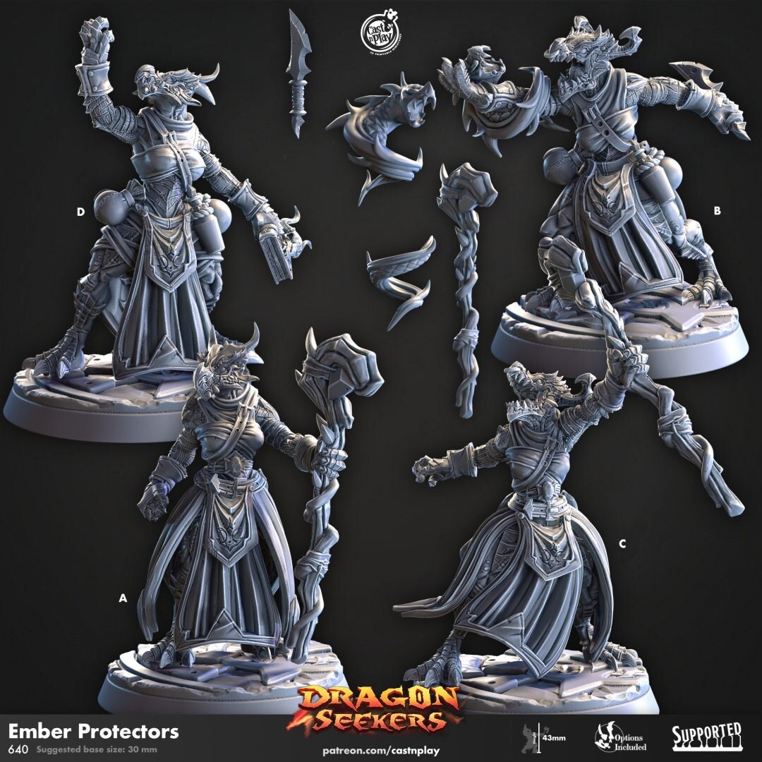Ember Protectors - Cast n Play Dragon Seekers | DnD Miniature | Dragonborn | Wizard | Sorcerer | Warlock | Female Magic, Alchemist, Summoner