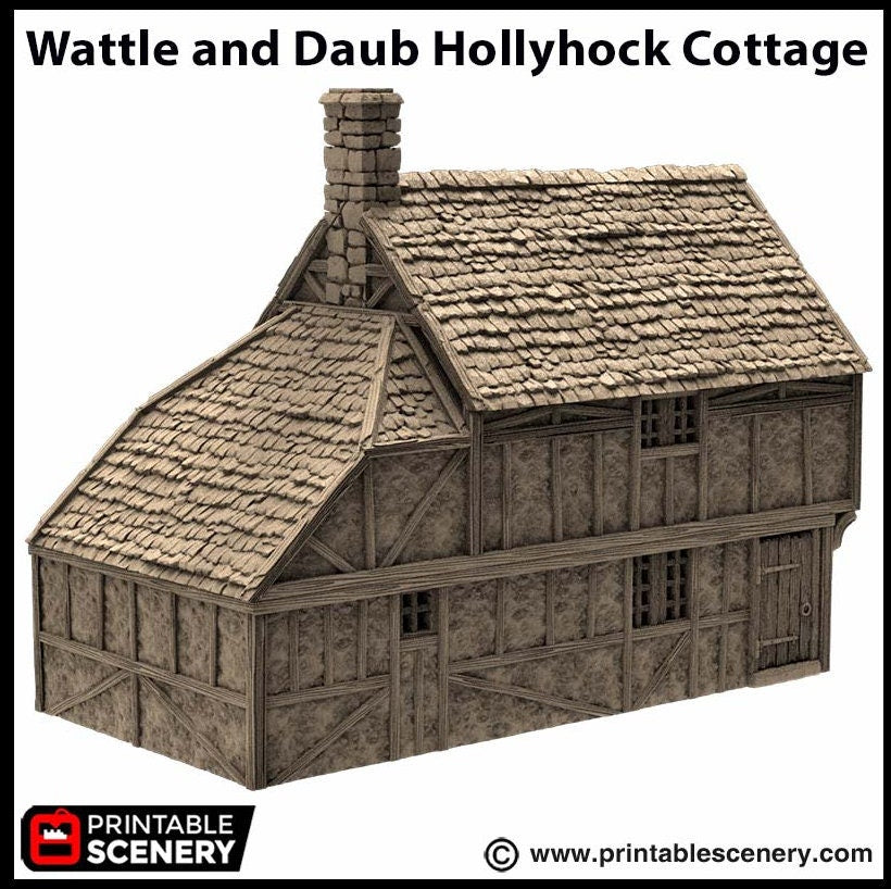 Wattle And Daub Hollyhock Cottage - King and Country, dnd Medieval building, Village, Town, Wargaming Terrain, Scatter scenery, House-7