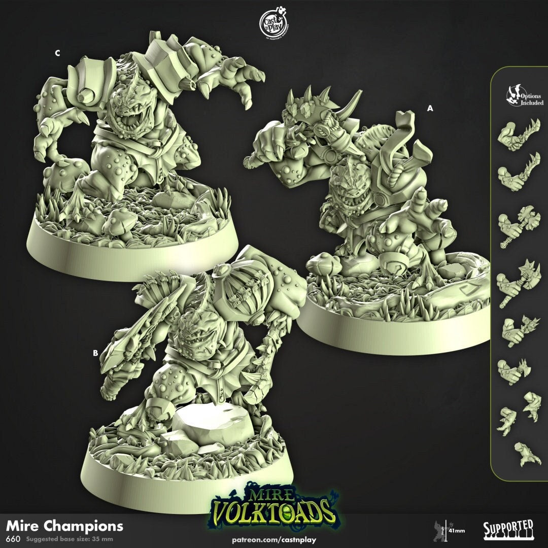 Mire Champions - Cast n Play Mire Volktoads | DnD Miniature | Beastmen | Toad | Frog | Bullywug, Monster, Fighter, Barbarian, Melee, Tank