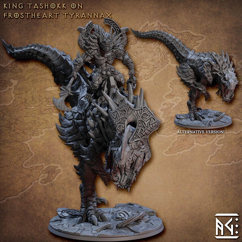 Tashokk on Tyrannax - AG - Frostheart Lizardmen | DnD Miniature | Lizardfolk | Fighter | Barbarian | Champion, Male, Mount| Pathfinder 2E-1