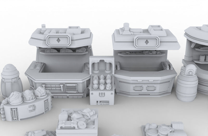 Black Market Scatter Terrain mini set - Novus Landing, Stalls, Marketplace, EC3D, Infinity, Legion Sci-fi, Cyberpunk 2077, Wargaming-2