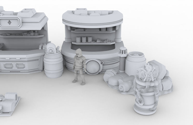 Black Market Scatter Terrain mini set - Novus Landing, Stalls, Marketplace, EC3D, Infinity, Legion Sci-fi, Cyberpunk 2077, Wargaming-7