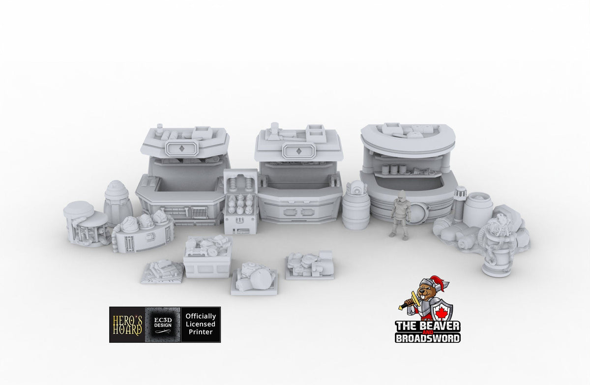 Black Market Scatter Terrain mini set - Novus Landing, Stalls, Marketplace, EC3D, Infinity, Legion Sci-fi, Cyberpunk 2077, Wargaming