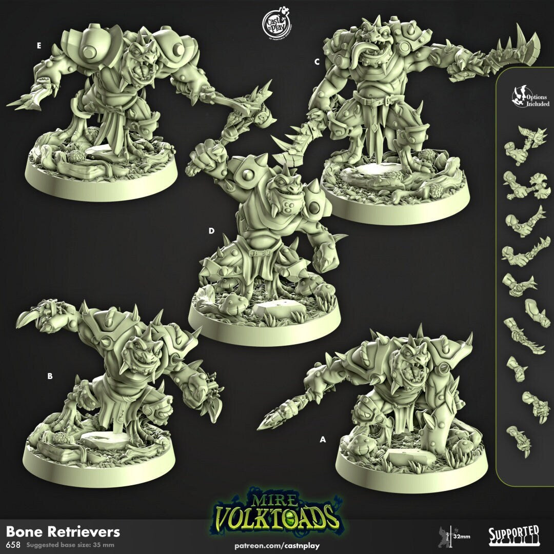 Bone Retrievers - Cast n Play Mire Volktoads | DnD Miniature | Beastmen | Toad | Frog | Bullywug, Monster, Fighter, Barbarian, Melee
