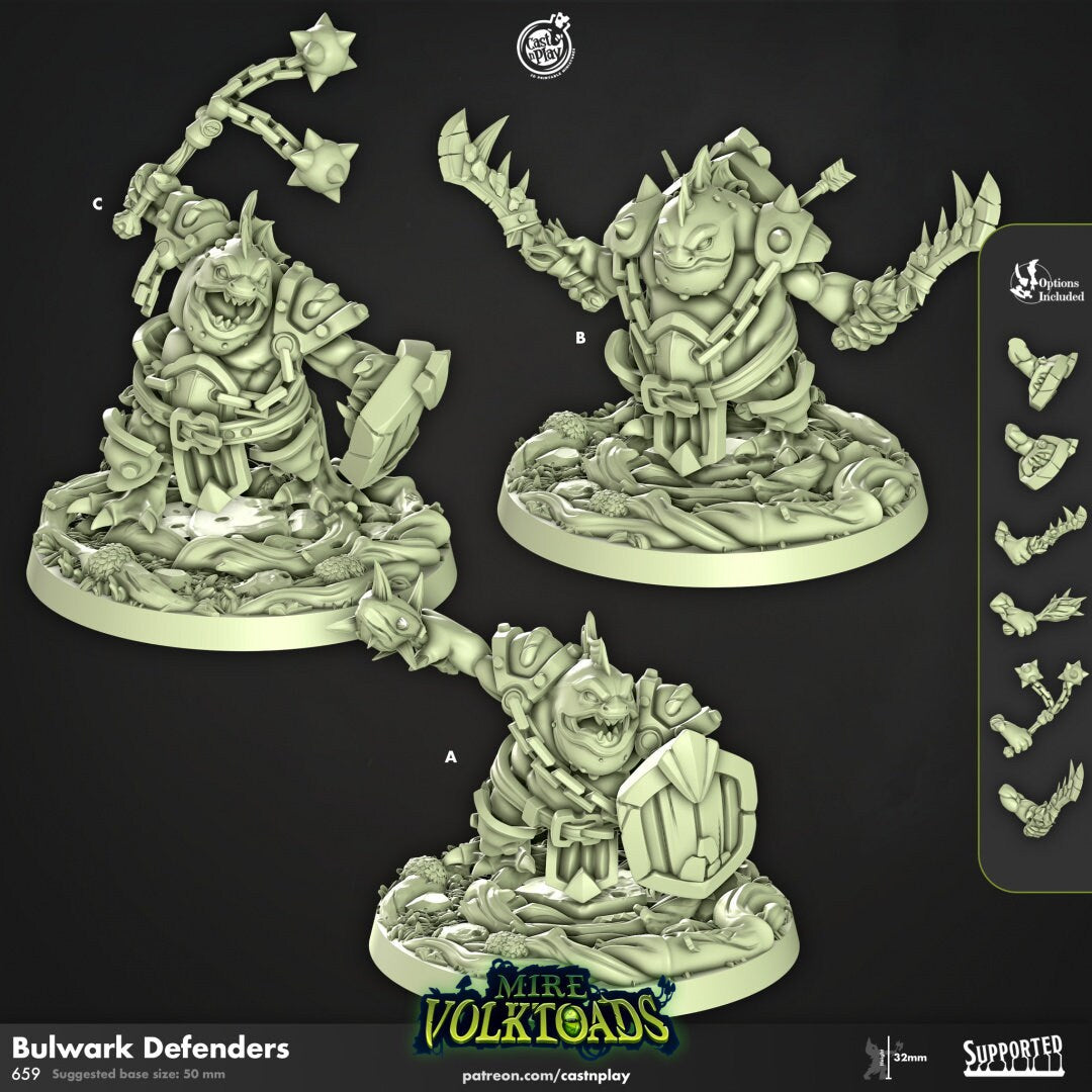 Bulwark Defenders - Cast n Play Mire Volktoads | DnD Miniature | Beastmen | Toad | Frog | Bullywug, Monster, Fighter, Barbarian, Melee, Tank-1
