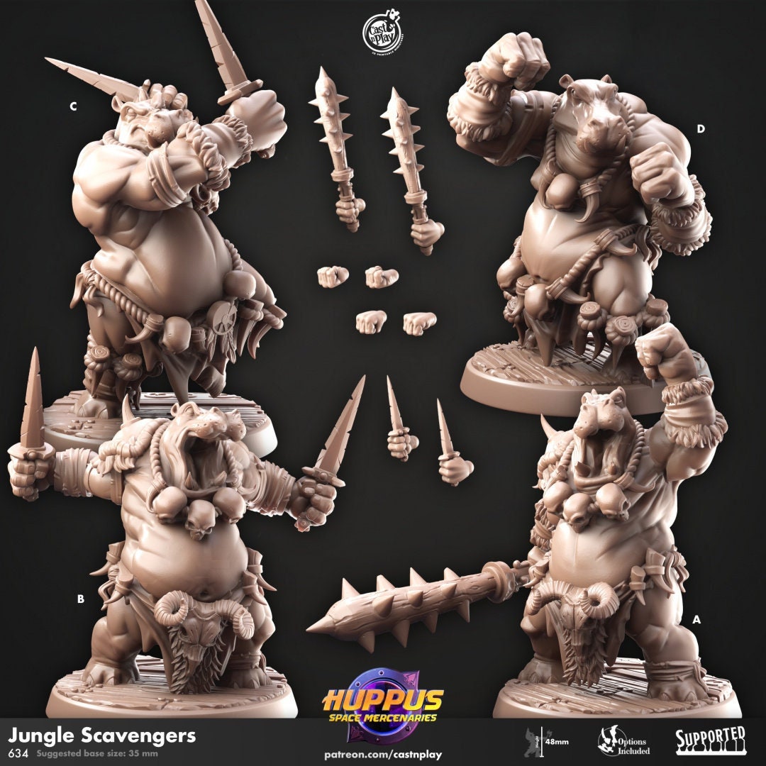 Jungle Scavengers - Cast n Play Huppus Space Mercenaries | DnD Miniature Giff, Hippo, Monk, Ranger, Druid, Fighter, Bard, Melee, Unarmed
