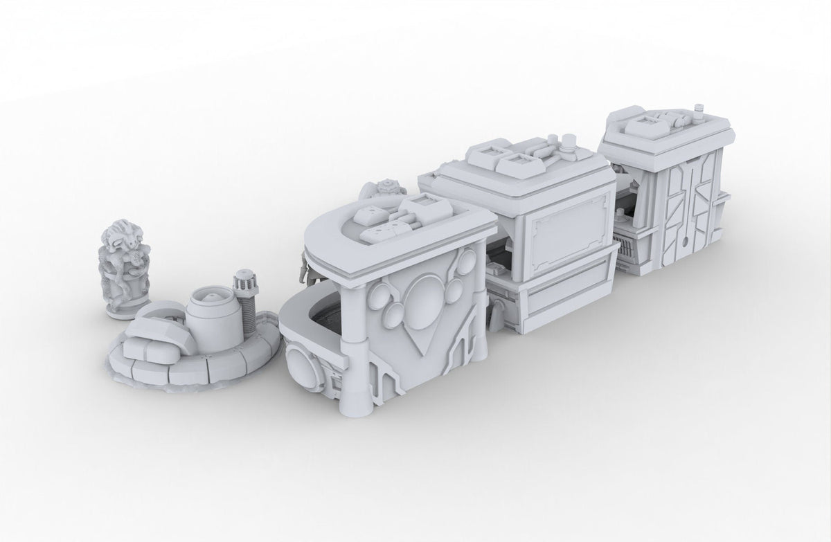 Black Market Scatter Terrain mini set - Novus Landing, Stalls, Marketplace, EC3D, Infinity, Legion Sci-fi, Cyberpunk 2077, Wargaming-3