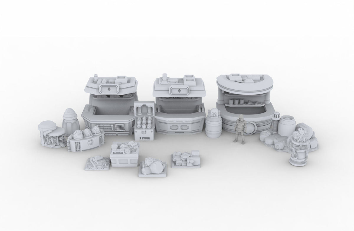 Black Market Scatter Terrain mini set - Novus Landing, Stalls, Marketplace, EC3D, Infinity, Legion Sci-fi, Cyberpunk 2077, Wargaming-4