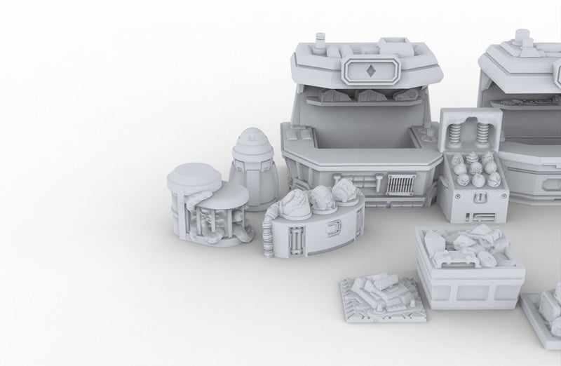 Black Market Scatter Terrain mini set - Novus Landing, Stalls, Marketplace, EC3D, Infinity, Legion Sci-fi, Cyberpunk 2077, Wargaming-5