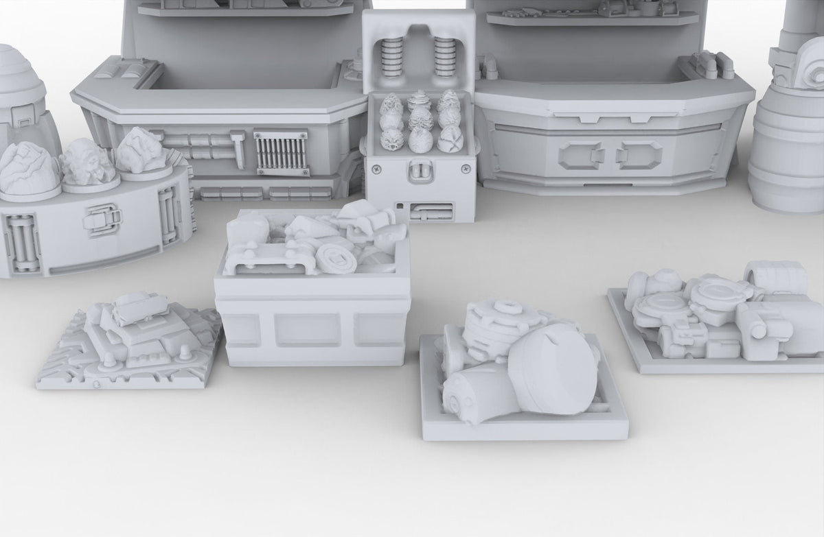 Black Market Scatter Terrain mini set - Novus Landing, Stalls, Marketplace, EC3D, Infinity, Legion Sci-fi, Cyberpunk 2077, Wargaming-6