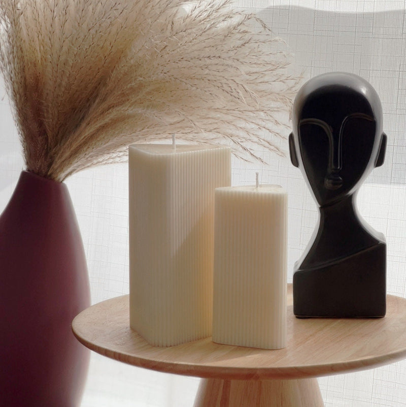 Ribbed Triangular Pillar Soy Wax Candle Set | Unscented Decorative Candles-1