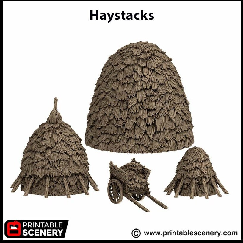 Haystacks - King and Country, DnD, Pathfinder, 15mm, 28mm, 32mm, wargaming terrain, scatter scenery D&D medieval village, farm, cart, hay-2