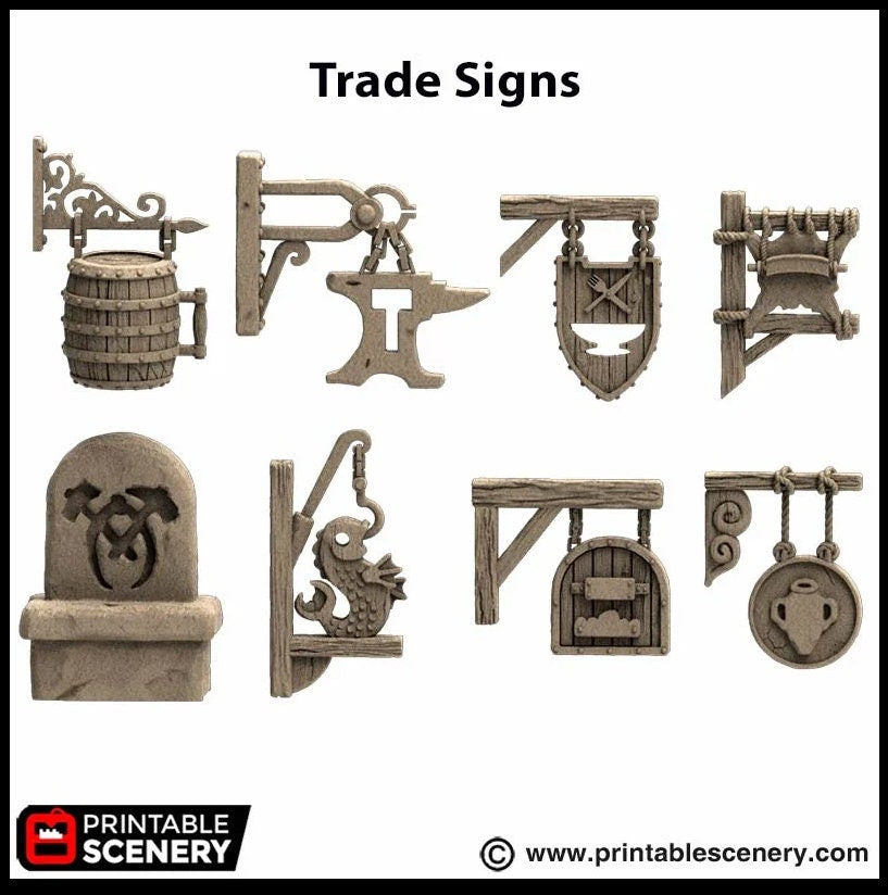 Town Trade Signs - King and Country, DnD, Pathfinder, 15mm, 28mm, 32mm, wargaming terrain, scenery D&D shop, merchant, smithy, farm, inn-2
