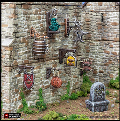Town Trade Signs - King and Country, DnD, Pathfinder, 15mm, 28mm, 32mm, wargaming terrain, scenery D&D shop, merchant, smithy, farm, inn-1