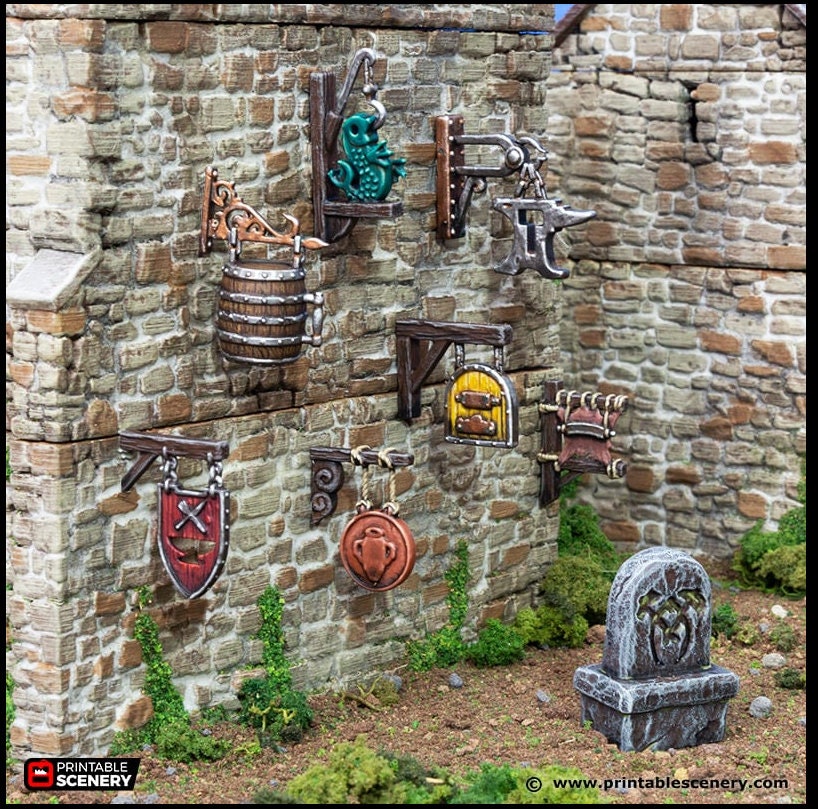Town Trade Signs - King and Country, DnD, Pathfinder, 15mm, 28mm, 32mm, wargaming terrain, scenery D&D shop, merchant, smithy, farm, inn-3