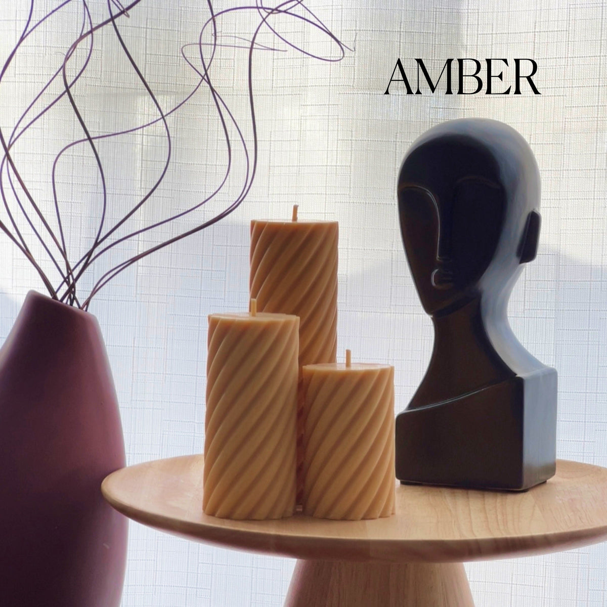 Soy Wax Ribbed Swirl Pillar Candle Set | Unscented Decorative Candles-6