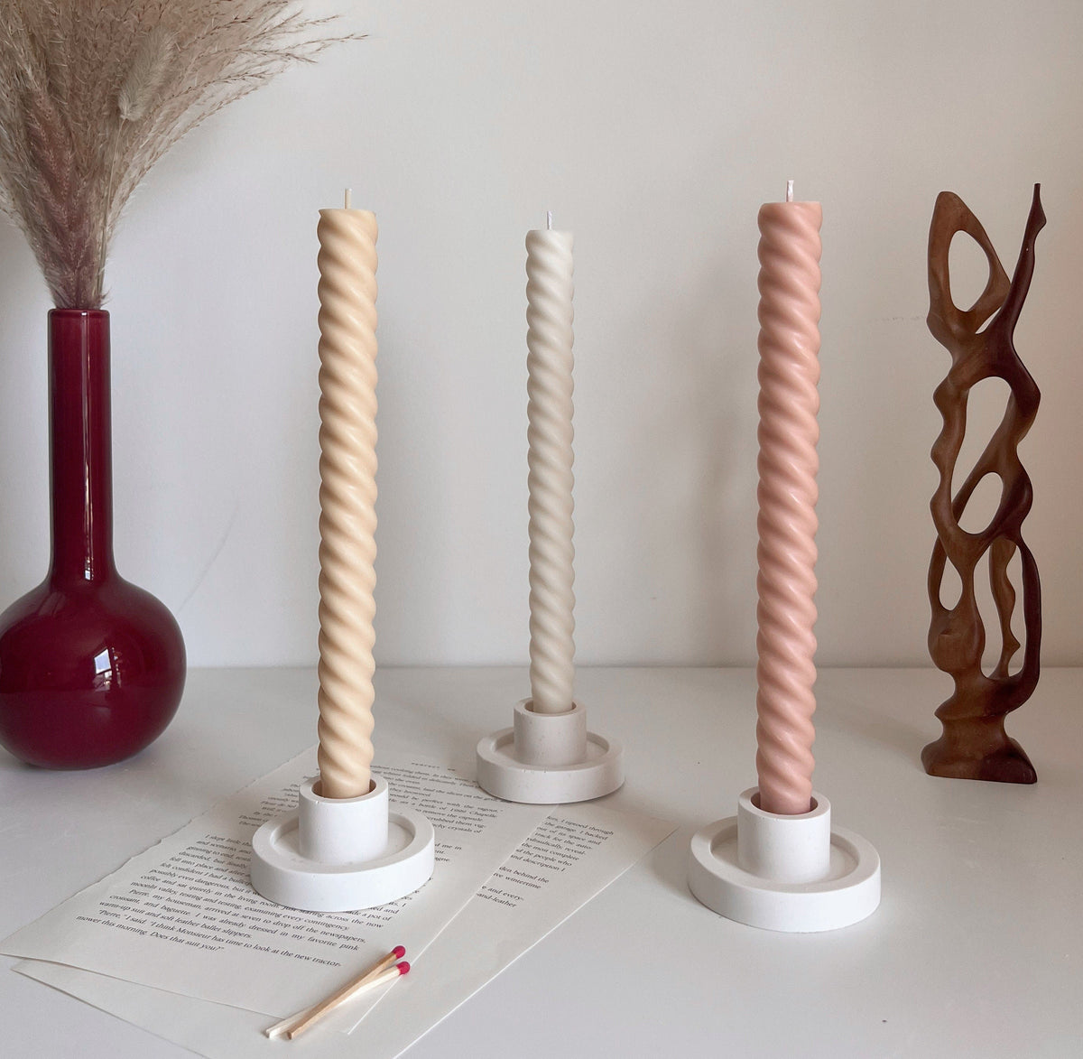 Tall Twisted Soy Wax Taper Candle: Handmade Pastel Decor-1