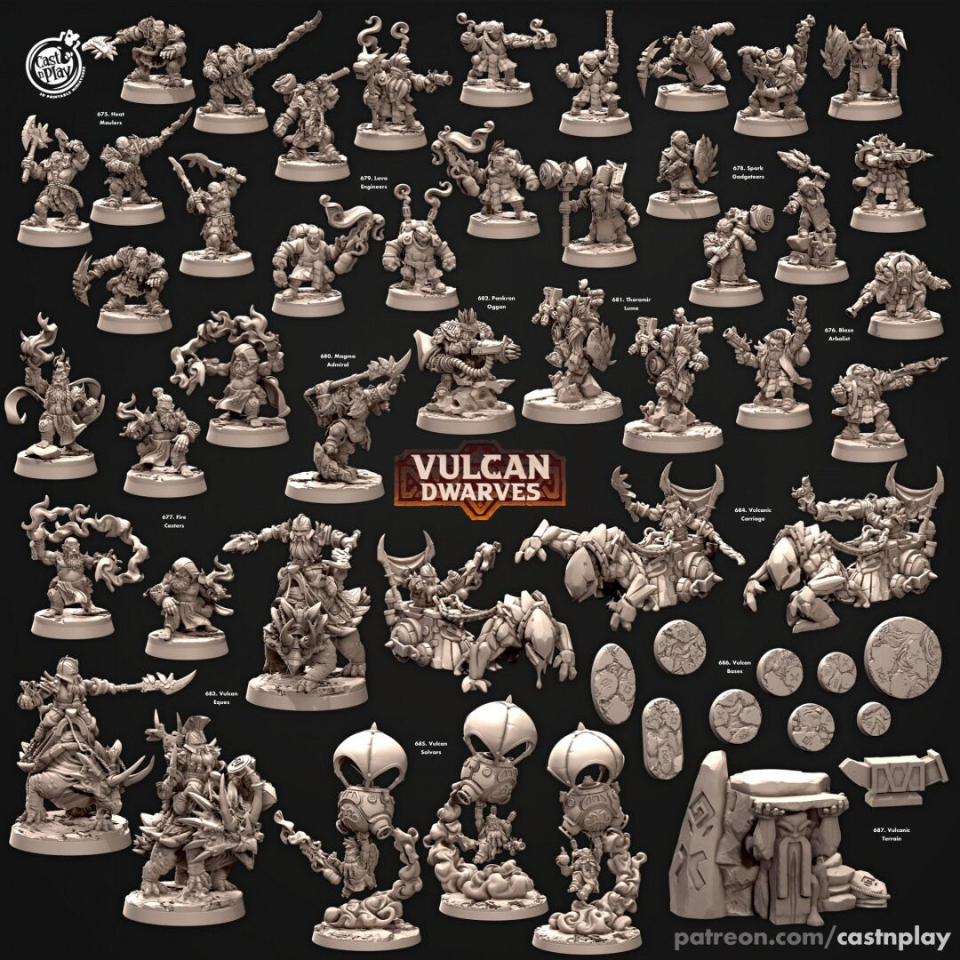 Lava Engineers - dnd miniature - Cast N Play Vulcan Dwarves | Dwarf 32mm | Fighter | Cleric | Paladin | Barbarian | Artificer | Pathfinder-2