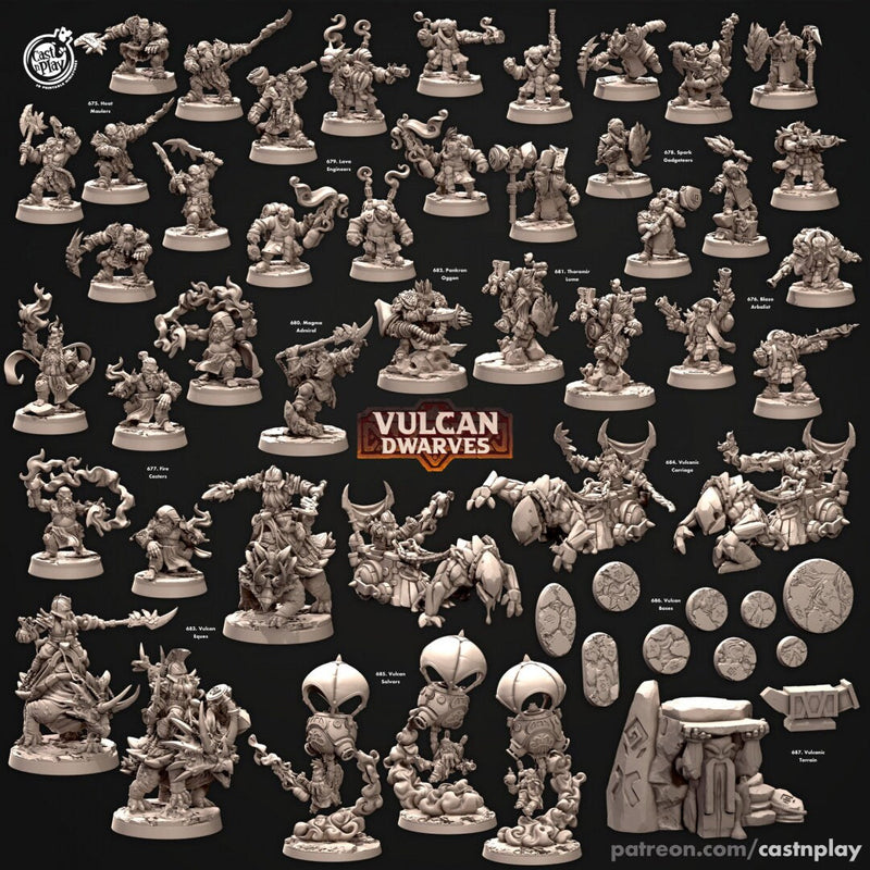 Lava Engineers - dnd miniature - Cast N Play Vulcan Dwarves | Dwarf 32mm | Fighter | Cleric | Paladin | Barbarian | Artificer | Pathfinder-2