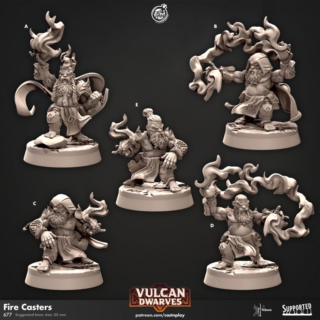 Fire Casters - dnd miniature - Cast N Play Vulcan Dwarves | Dwarf 32mm | Wizard | Sorcerer | Caster | Warlock | Magic | Pathfinder-1