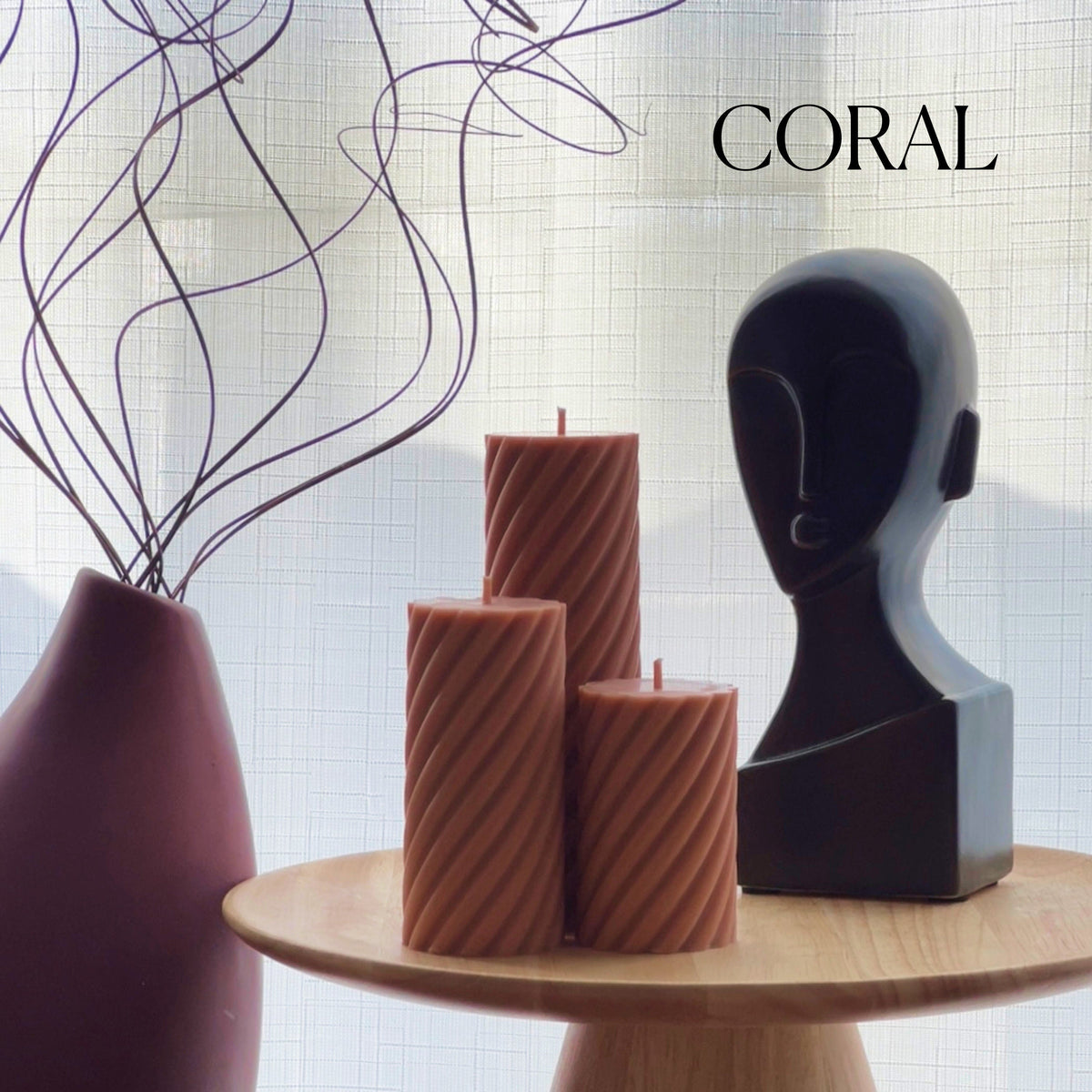 Soy Wax Ribbed Swirl Pillar Candle Set | Unscented Decorative Candles-2