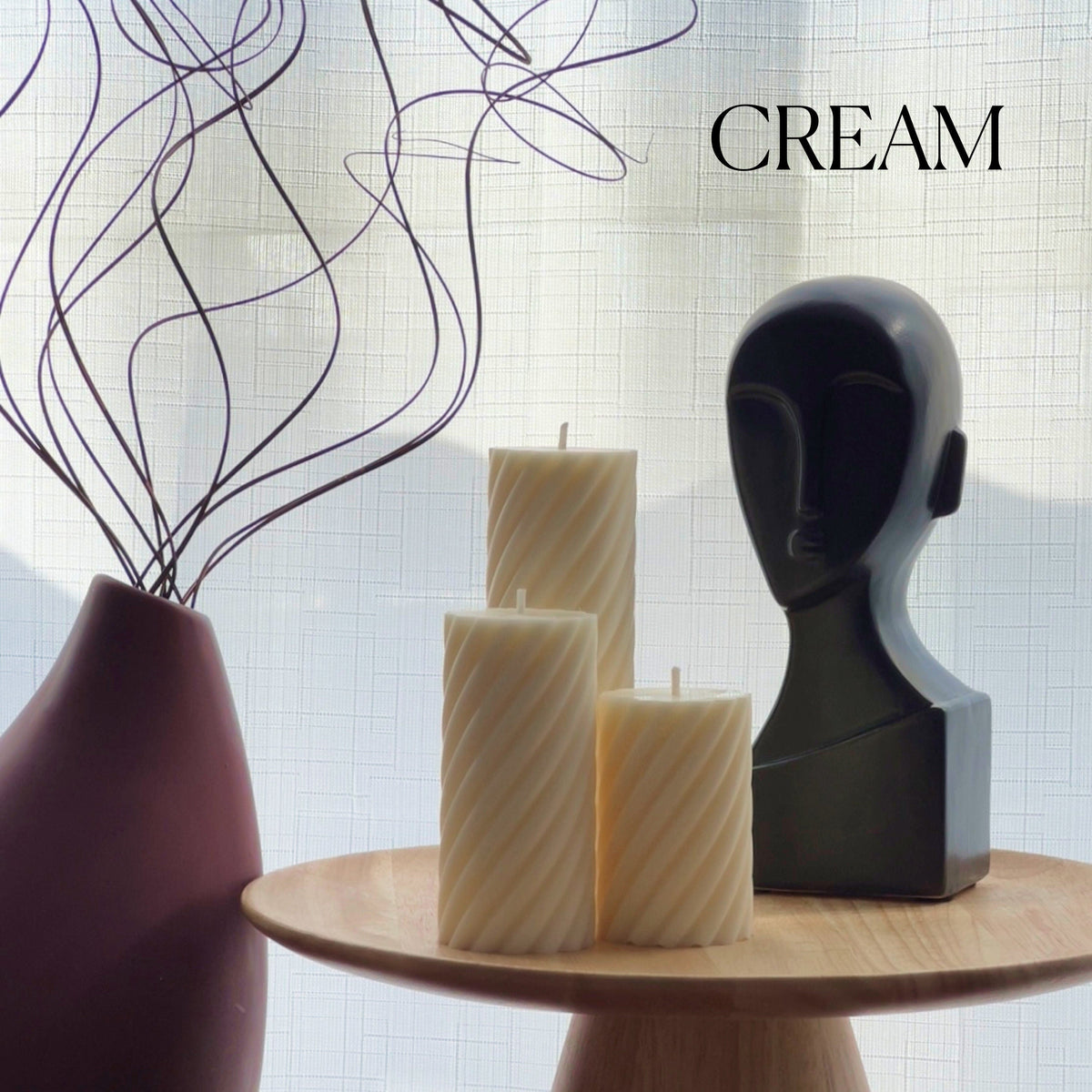 Soy Wax Ribbed Swirl Pillar Candle Set | Unscented Decorative Candles-4