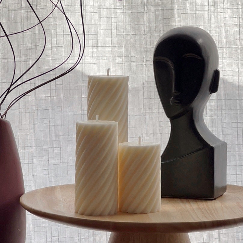 Soy Wax Ribbed Swirl Pillar Candle Set | Unscented Decorative Candles-1