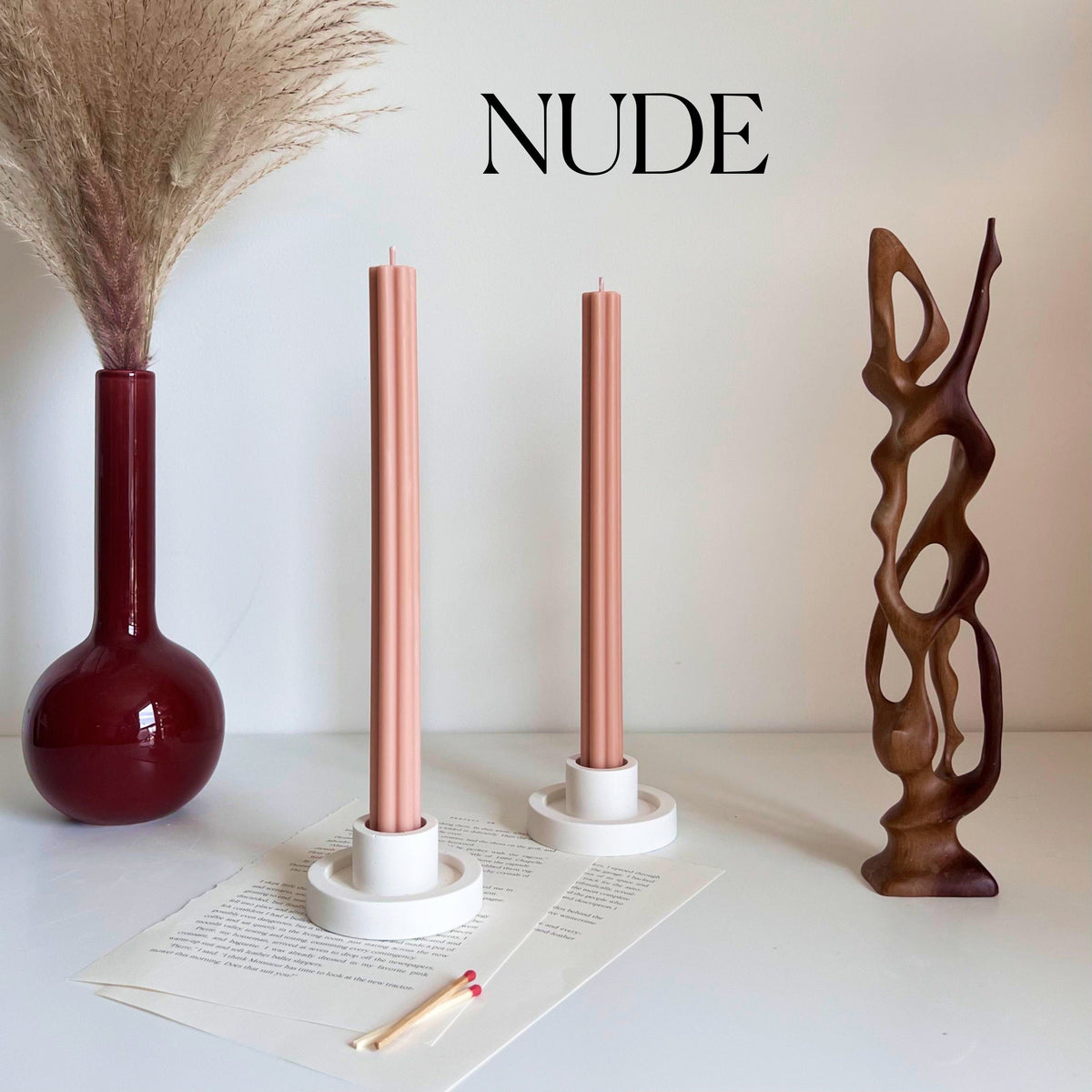 Handmade Ribbed Taper Candle: Pastel Unscented Dinner Candle-2